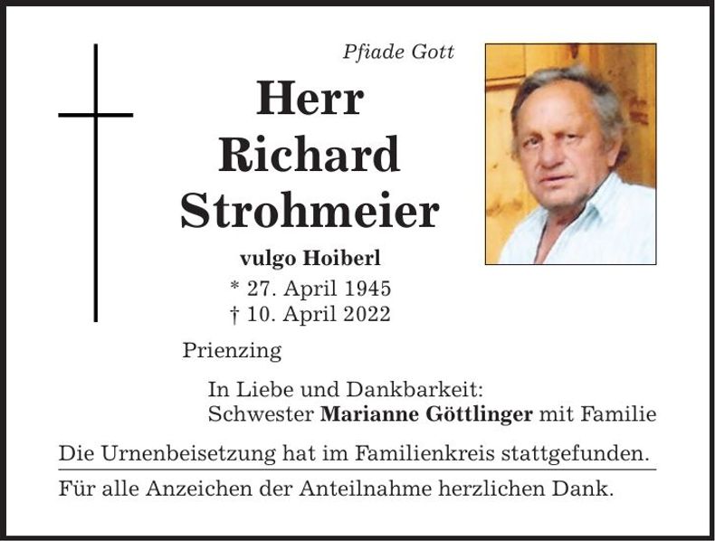 Traueranzeige Richard Strohmeier