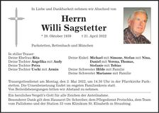 Traueranzeige Willi Sagstetter