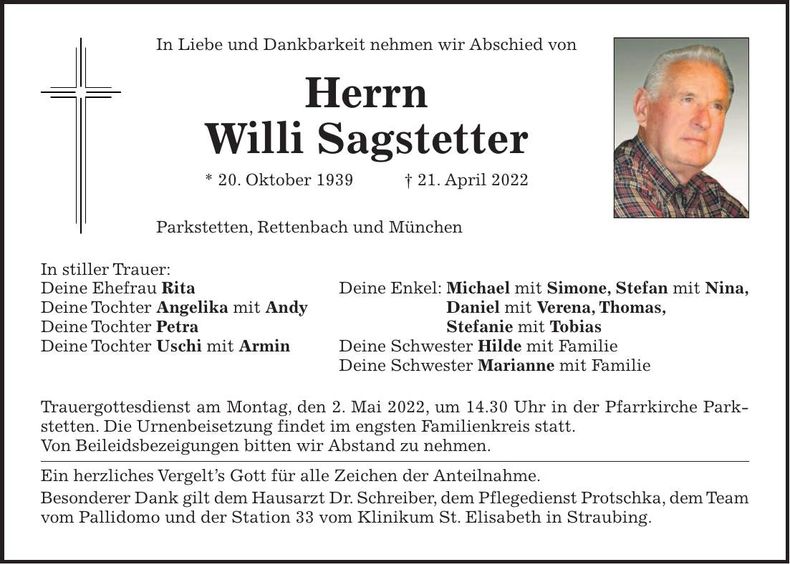 Traueranzeige Willi Sagstetter