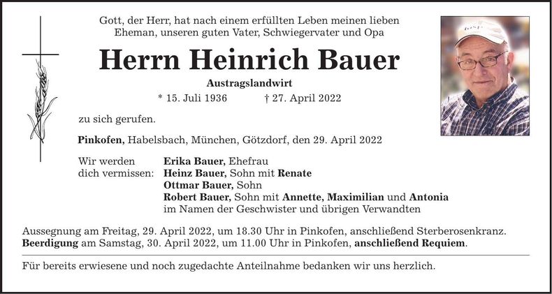 Traueranzeige Heinrich Bauer