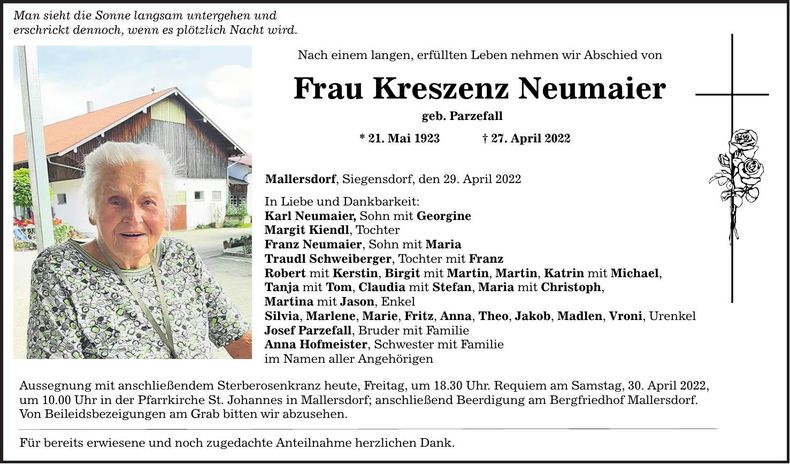 Traueranzeige Kreszenz Neumaier