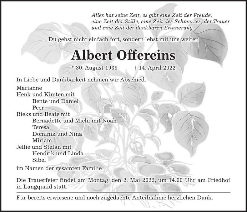 Traueranzeige Albert Offereins