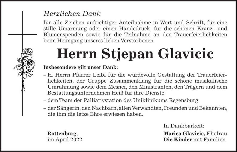 Traueranzeige Stjepan Glavicic