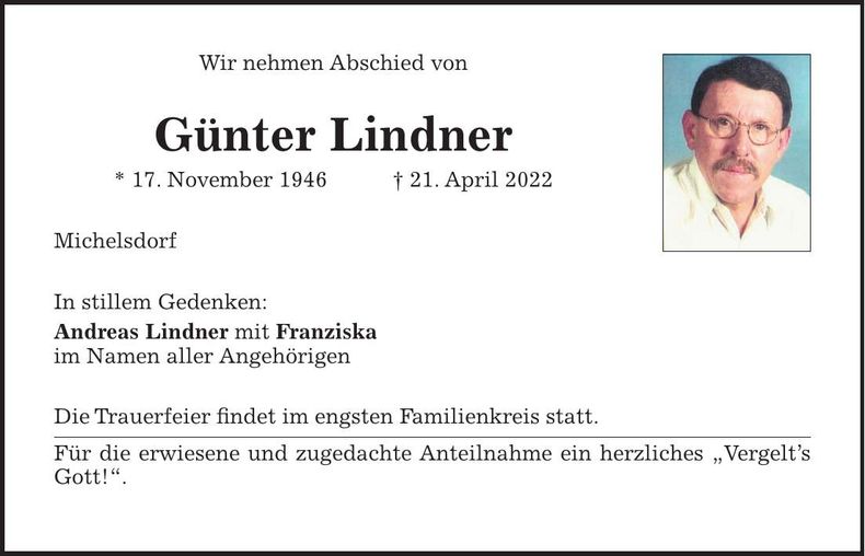 Traueranzeige Günter Lindner