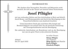 Traueranzeige Josef Pflügler
