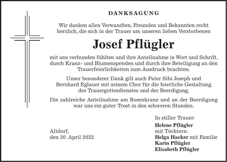 Traueranzeige Josef Pflügler