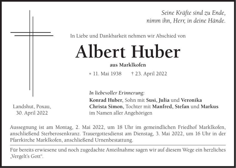 Traueranzeige Albert Huber