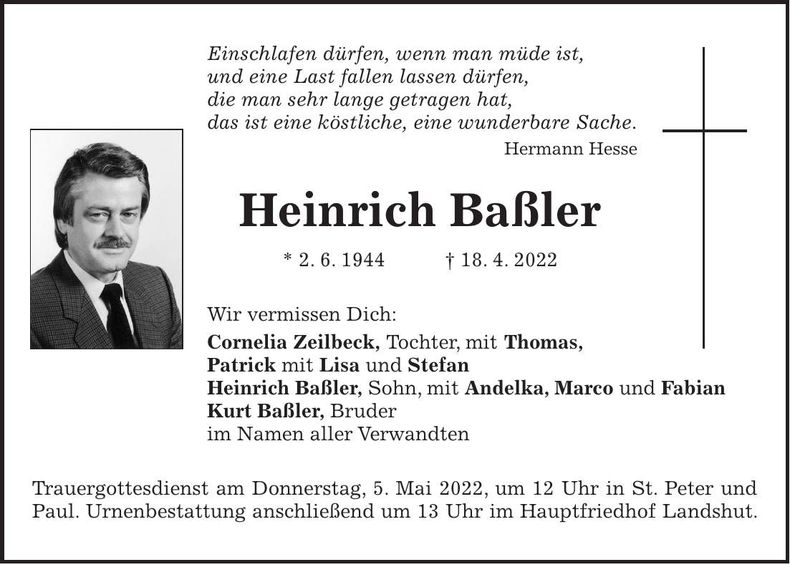 Traueranzeige Heinrich Baßler
