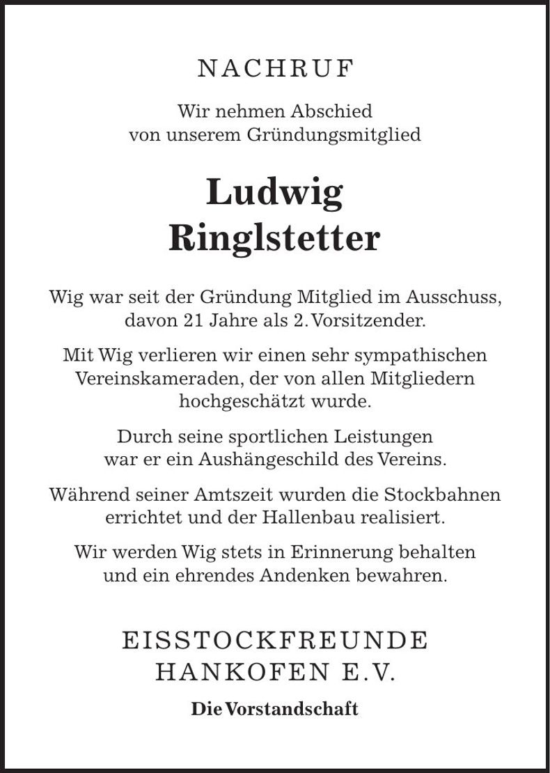 Traueranzeige Ludwig Ringlstetter