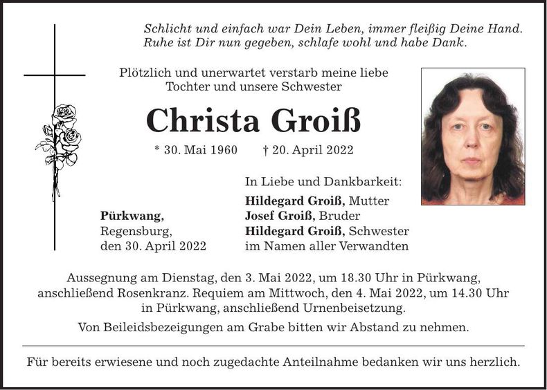 Traueranzeige Christa Groiß