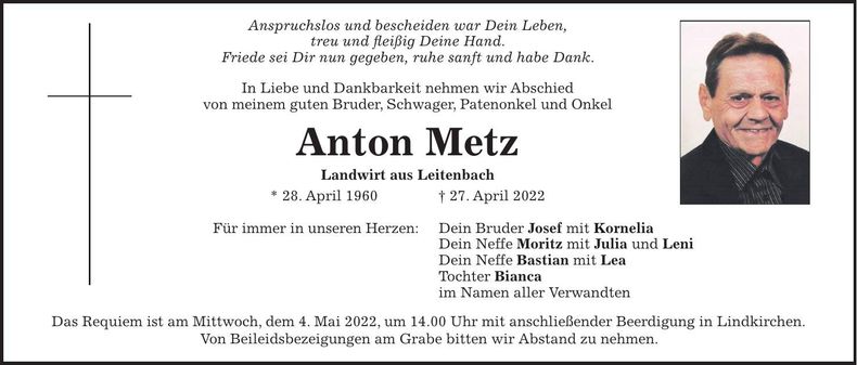 Traueranzeige Anton Metz