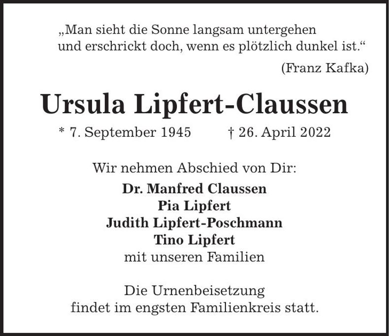 Traueranzeige Ursula Lipfert-Claussen