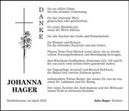 Traueranzeige Johanna Hager