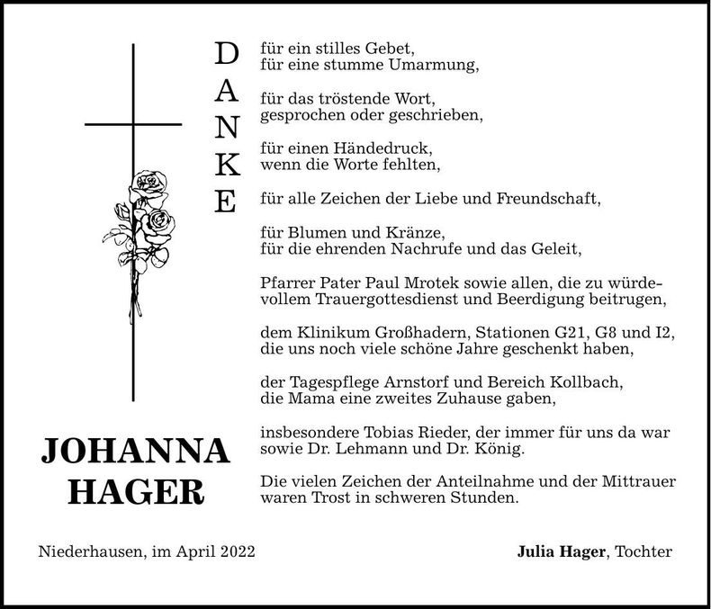 Traueranzeige Johanna Hager