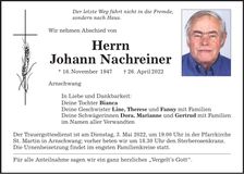 Traueranzeige Johann Nachreiner
