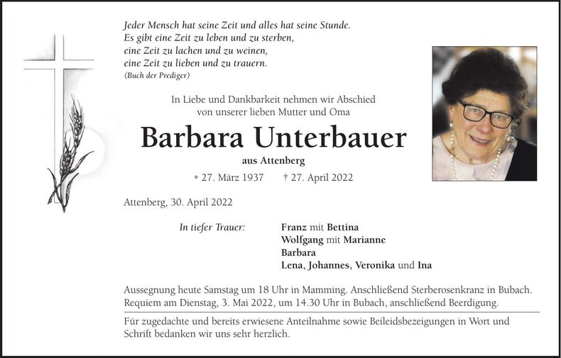 Traueranzeige Barbara Unterbauer