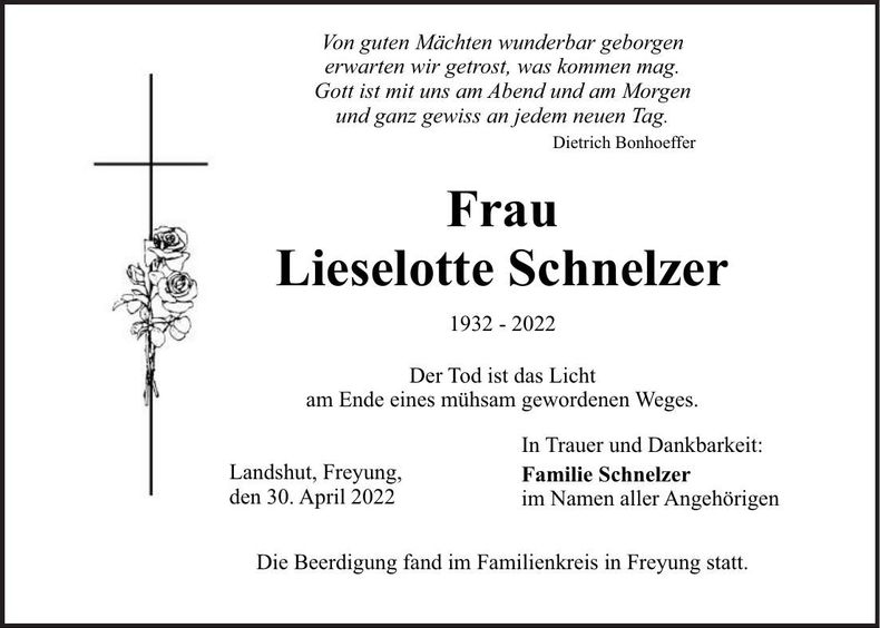 Traueranzeige Liselotte Schnelzer