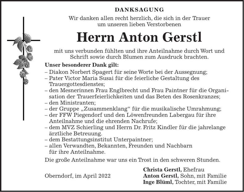 Traueranzeige Anton Gerstl