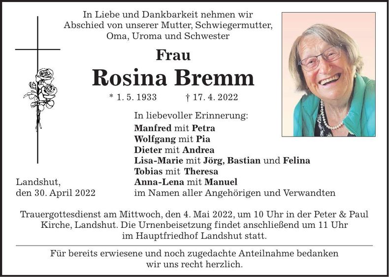Traueranzeige Rosina Bremm