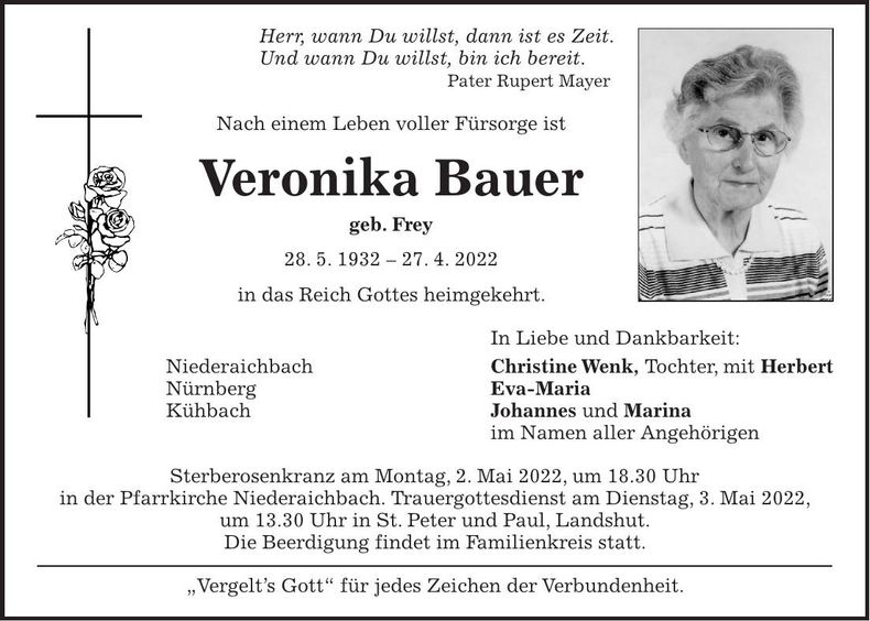 Traueranzeige Veronika Bauer