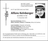Traueranzeige Alfons Kelnberger