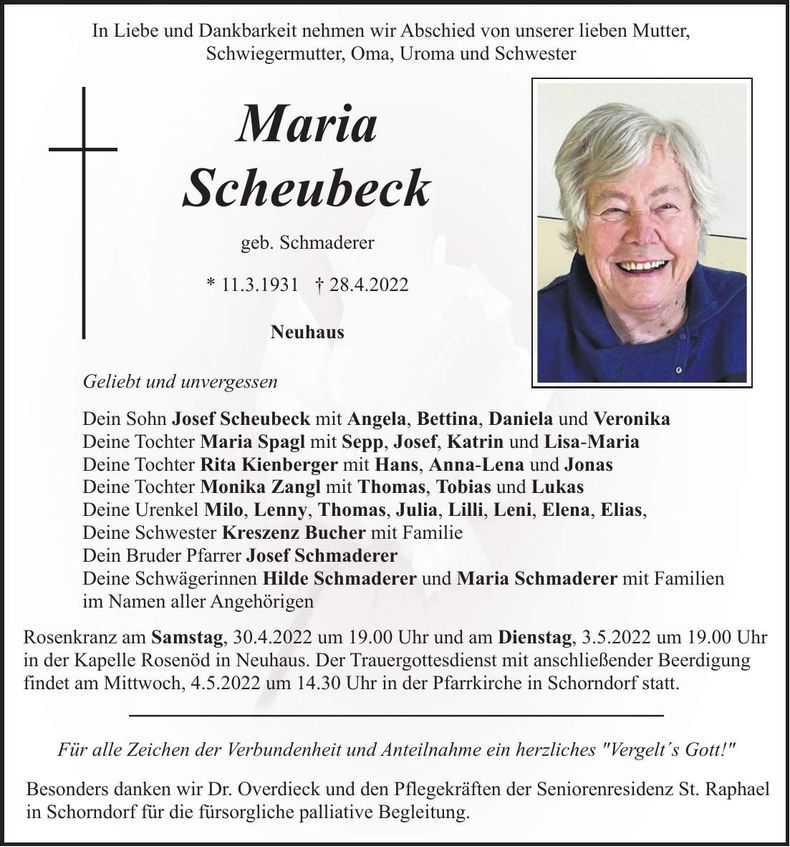 Traueranzeige Maria Scheubeck