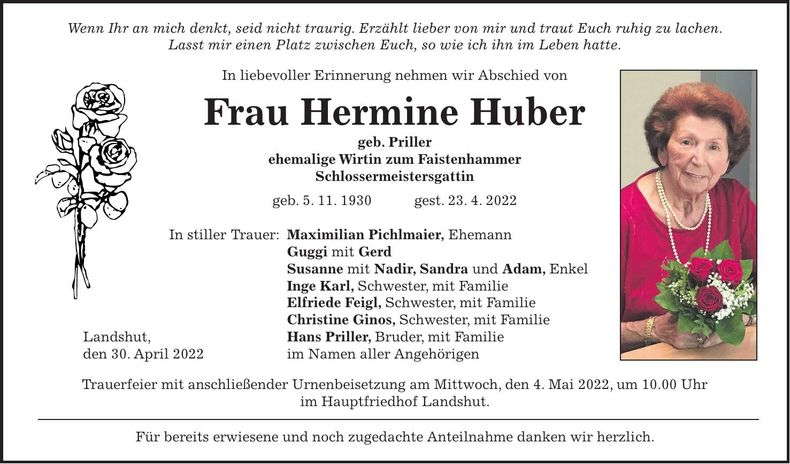 Traueranzeige Hermine Huber