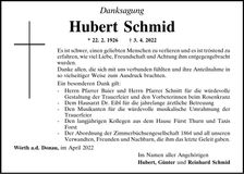 Traueranzeige Hubert Schmid