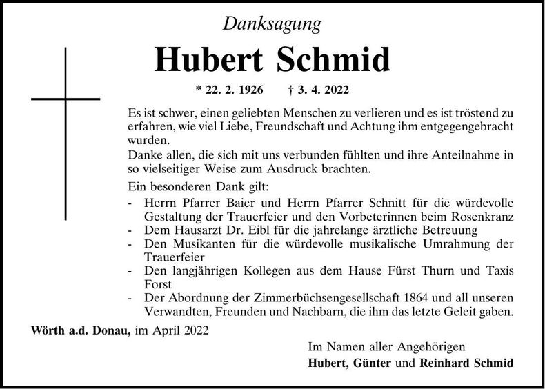 Traueranzeige Hubert Schmid