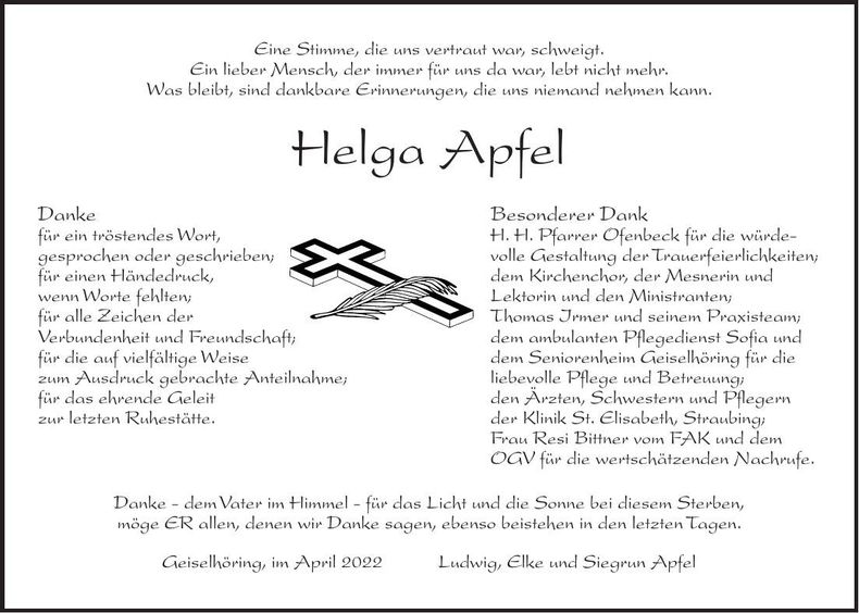Traueranzeige Helga Apfel