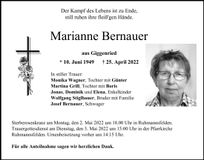 Traueranzeige Marianne Bernauer