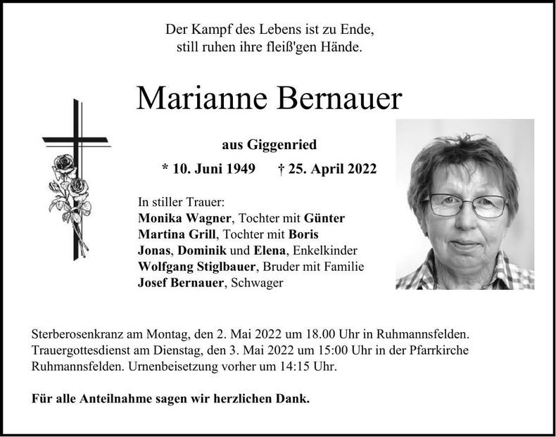 Traueranzeige Marianne Bernauer