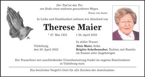 Traueranzeige Therese Maier
