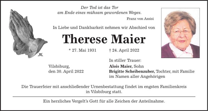 Traueranzeige Therese Maier