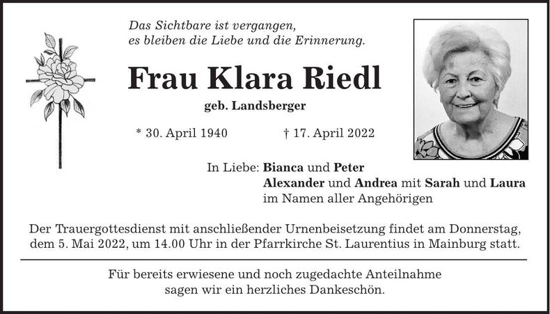 Traueranzeige Klara Riedl