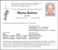 Traueranzeige Maria Rofner