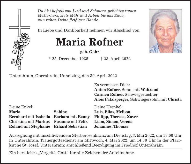 Traueranzeige Maria Rofner