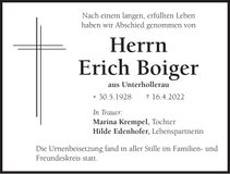 Traueranzeige Erich Boiger