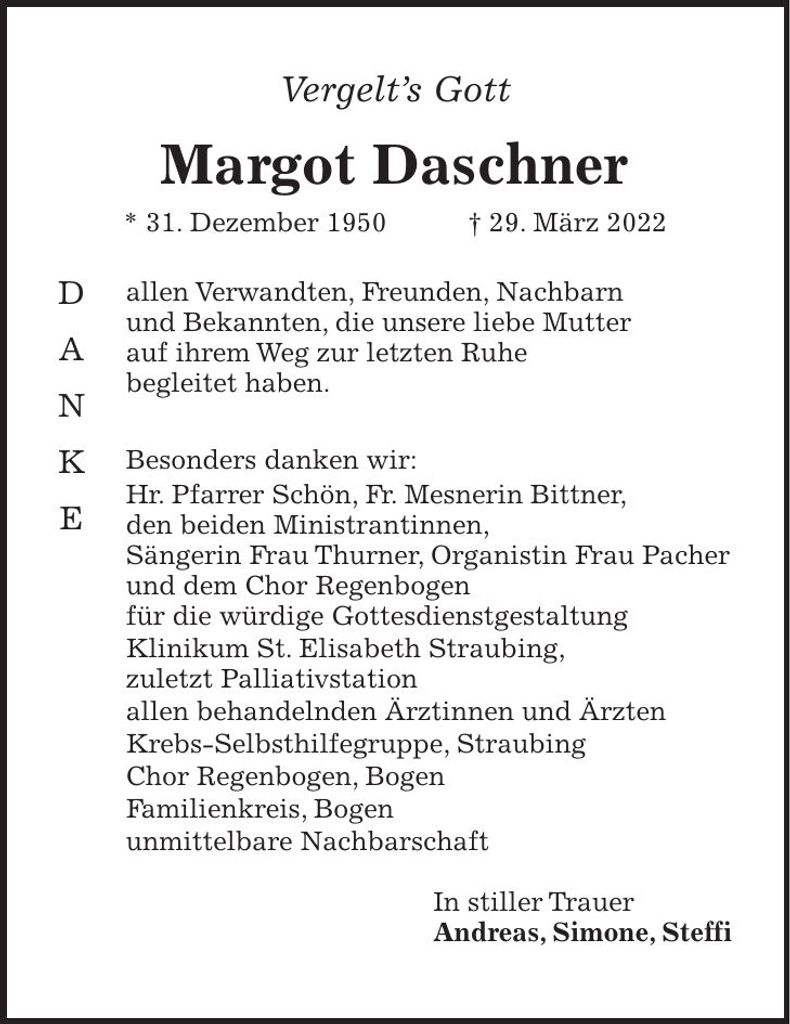 Traueranzeige Margot Daschner