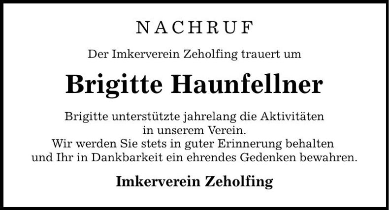 Traueranzeige Brigitte Haunfellner