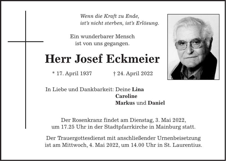 Traueranzeige Josef Eckmeier