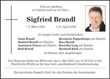 Traueranzeige Sigfried Brand