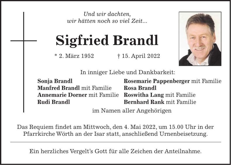 Traueranzeige Sigfried Brand