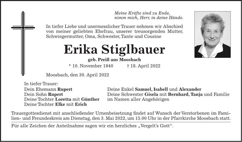 Traueranzeige Stiglbauer Erika