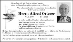 Traueranzeige Alfred Orterer