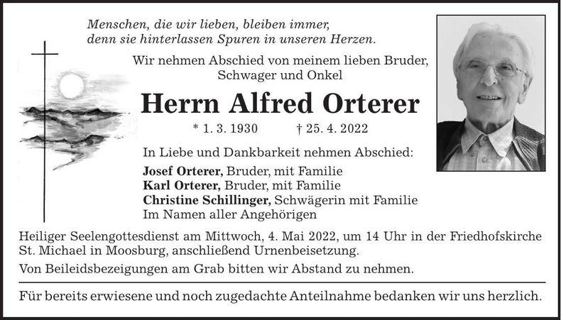 Traueranzeige Alfred Orterer