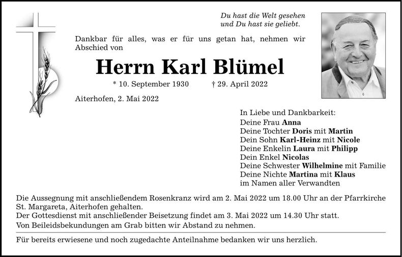 Traueranzeige Karl Blümel