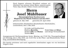 Traueranzeige Josef Mühlbauer