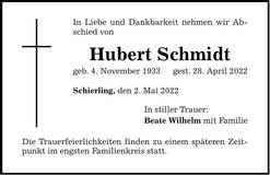 Traueranzeige Hubert Schmitt