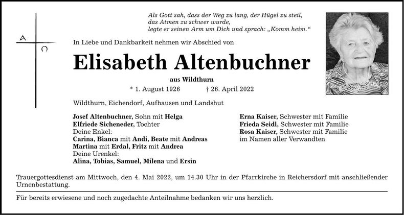 Traueranzeige Elisabeth Altenbuchner
